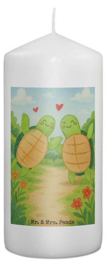 Mr. & Mrs. Panda Kerze Schildkröten Paar Design 15 x 7 cm - Weiß - Geschenk, für Partner, Frauen, Bedruckte, Freundin, Stumpenkerze, Freund, Blo...