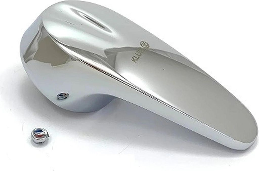 A single chrome-plated faucet handle and a small screw are shown against a white background.