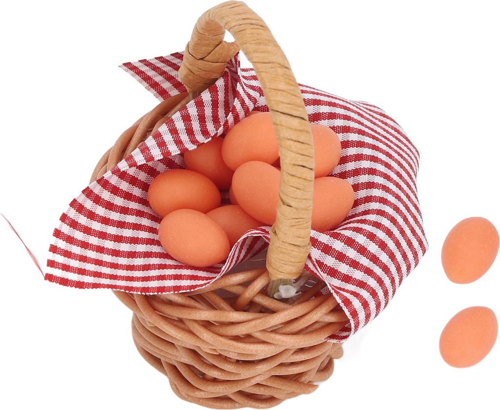 Puppenhaus-Eierkorb mit rotem Karomuster, hohe Simulation, gewebte Miniaturkörbe, Griffe, Puppenhaus-Dekoration