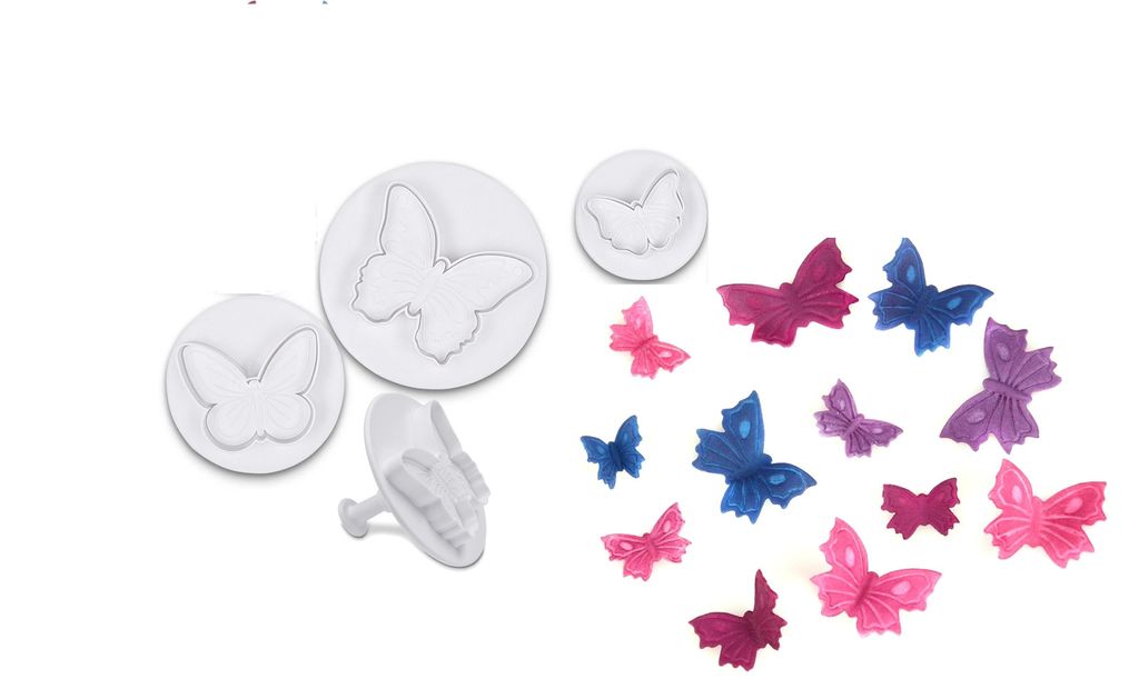 Ausstechformen Prägeausstecher Ausstecher Fondant Schmetterlinge 3er Set mit Auswerfer 30/45/60mm