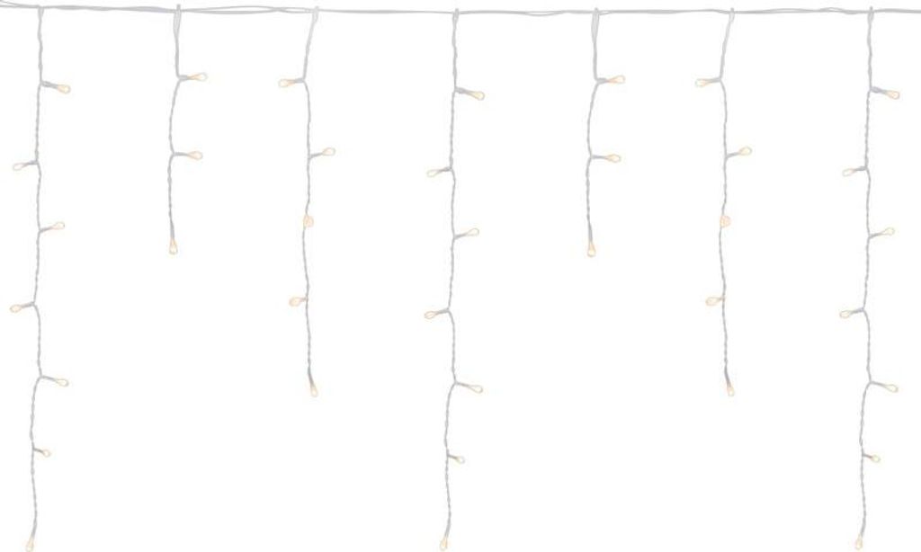 A string of white LED icicle lights hanging down against a white background.
