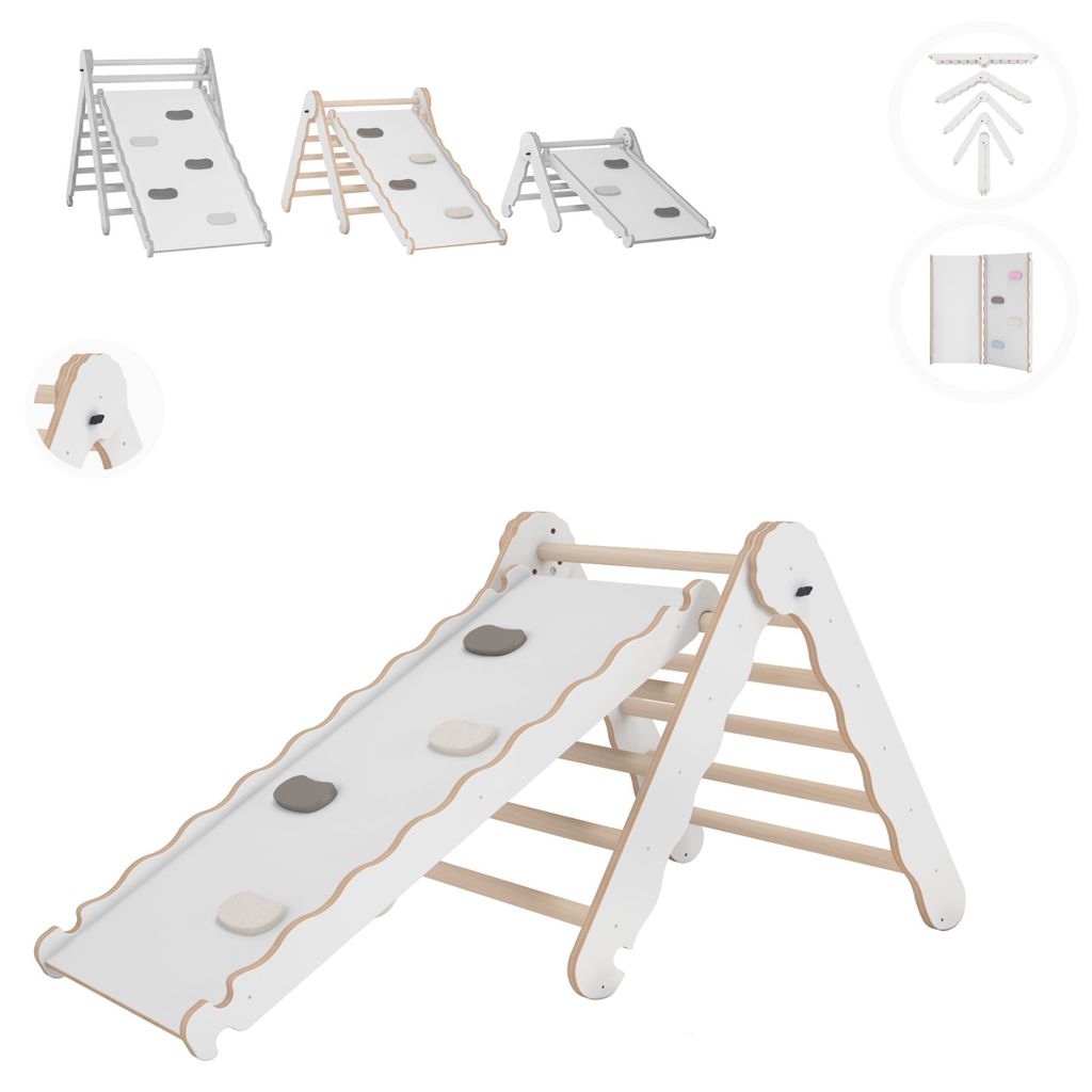 MAMOI Klettergerüst indoor, Kletterdreieck mit rutsche aus holz, Baby kinder klettern, Kletterturm mit rutschbrett, Kletterbogen mit kinderrutsc...
