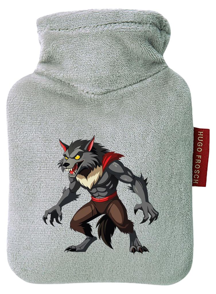 Huuraa Mini-Wärmflasche Werwolf Fabelwesen 0,2 Liter Grey Mini Veloursbezug Taschenwärmer Geschenkidee