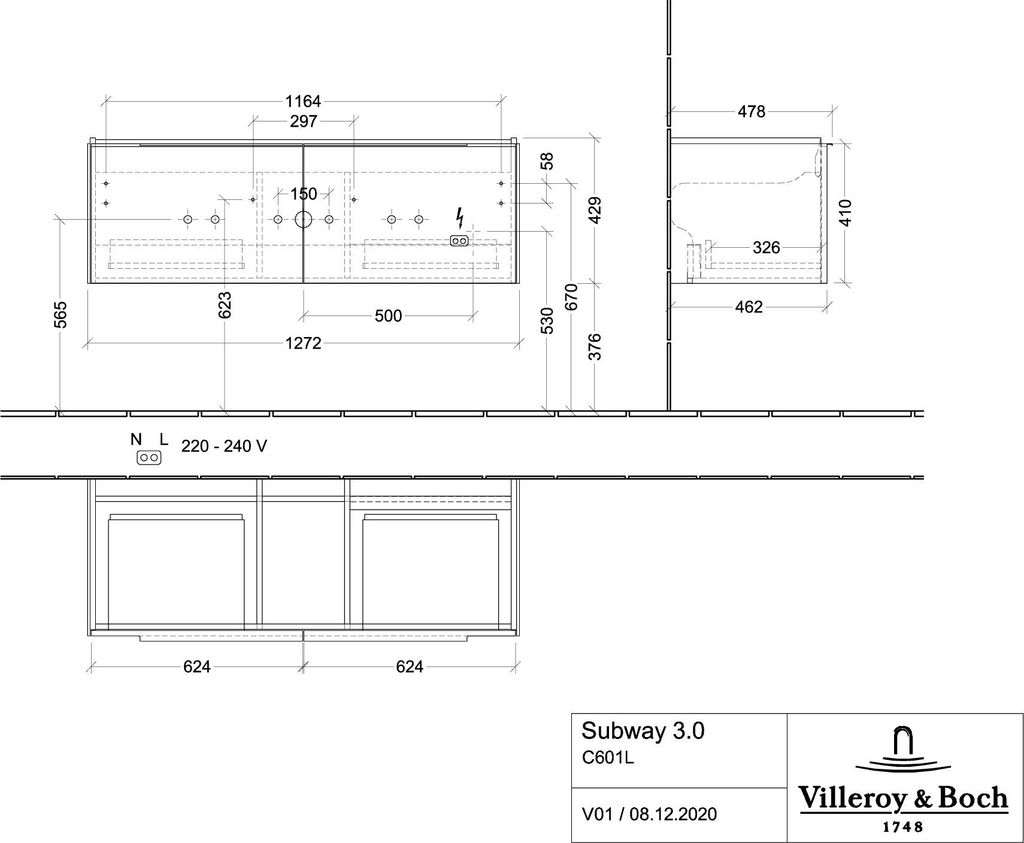 Villeroy & Boch Subway 3.0 Waschbeckenunterschrank, LED-Beleuchtung, 2 Auszüge, Waschbecken mittig, 1272x429x478mm, C601L1RK