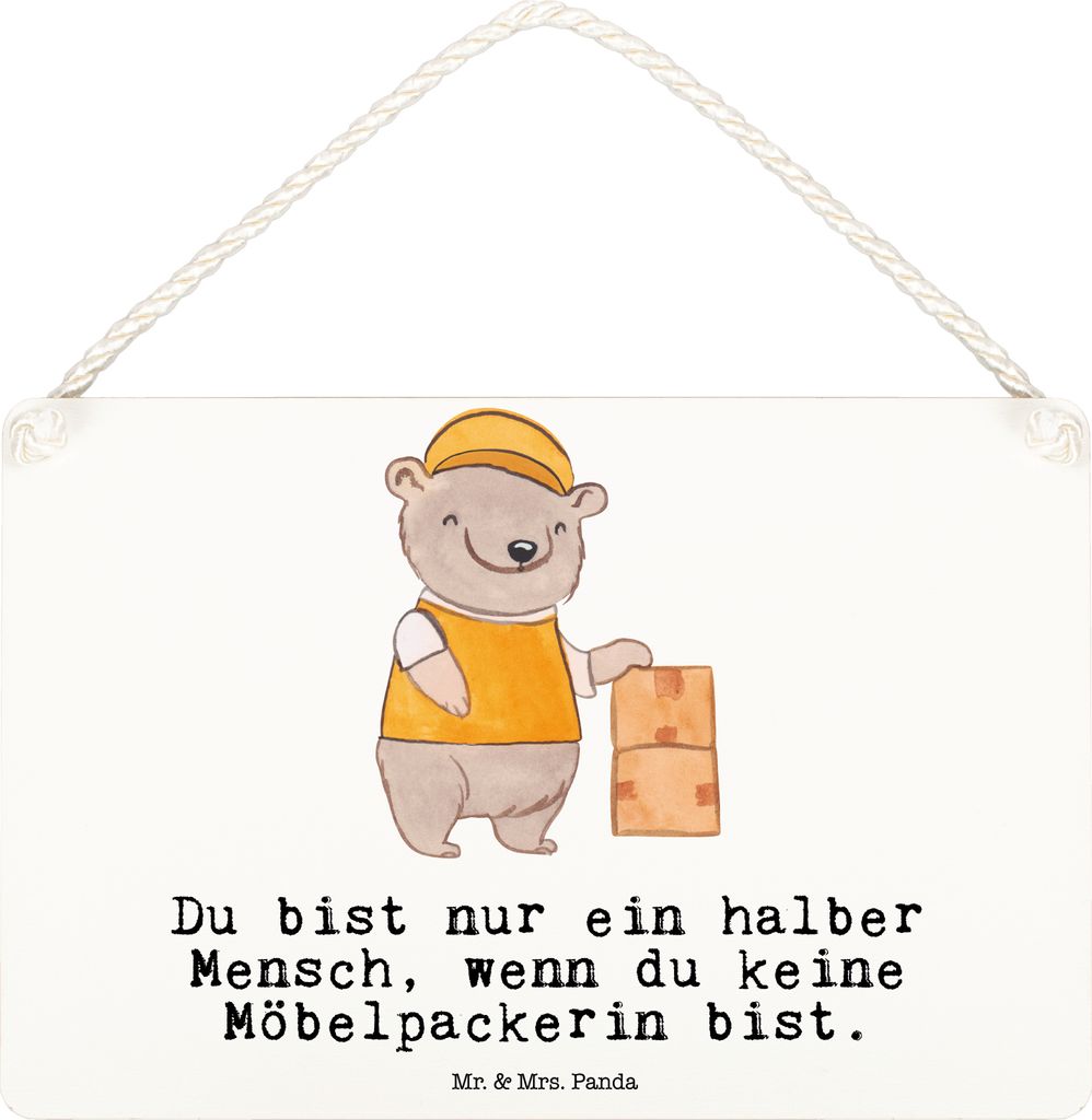 Mr. & Mrs. Panda Wandbild Holz Möbelpackerin Herz DIN A6 - Weiß - Geschenk, Türschild, Dekobrett, Umzugsfirma, Spruch, Schild, Holzschild, holzb...