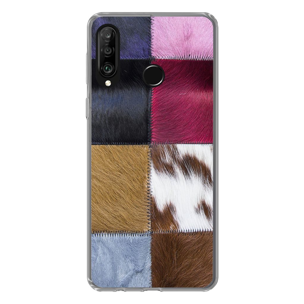 MuchoWow Handyhülle Schutzhülle Hülle für Huawei P30 Lite Ein farbenfroher Karoteppich mit unter anderem Kuhfell Silikon Softcase Handy Hüll...