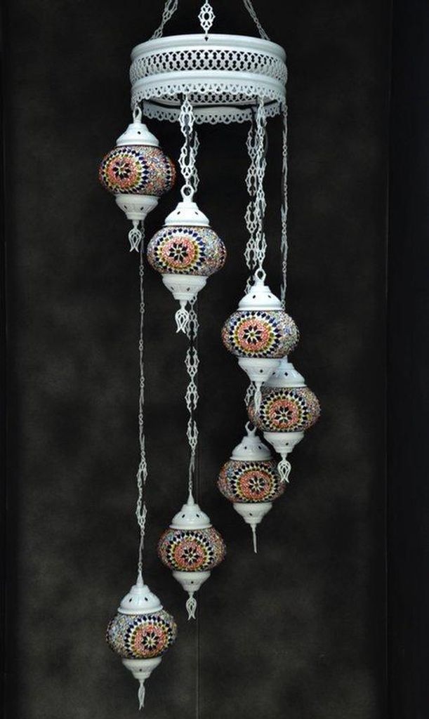 Hanglamp aus buntem Glas mit orientalischem Mosaik, cremeweiß, 7 Kugeln, handgemacht in der Türkei