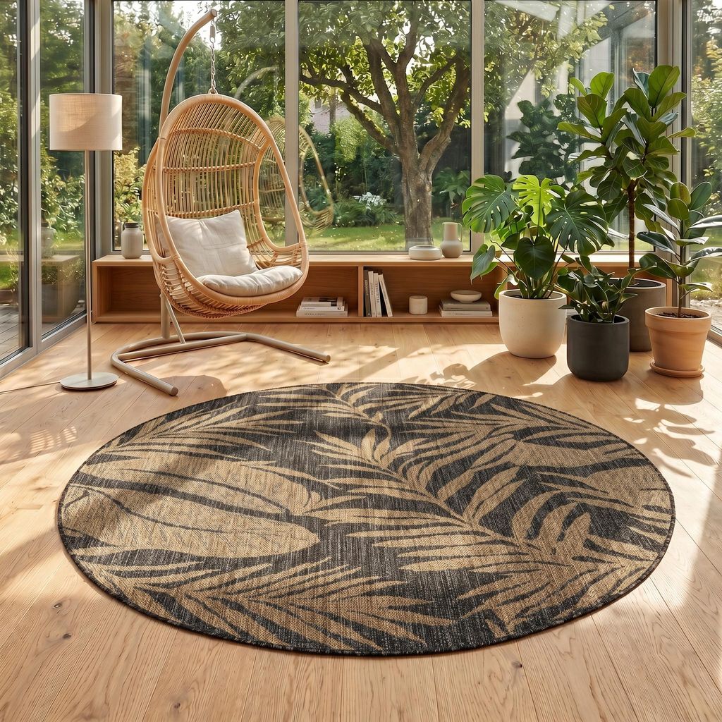 Carpetsale24 Outdoor Teppich Schwarz Natur Jute Optik Rund Produktbild 