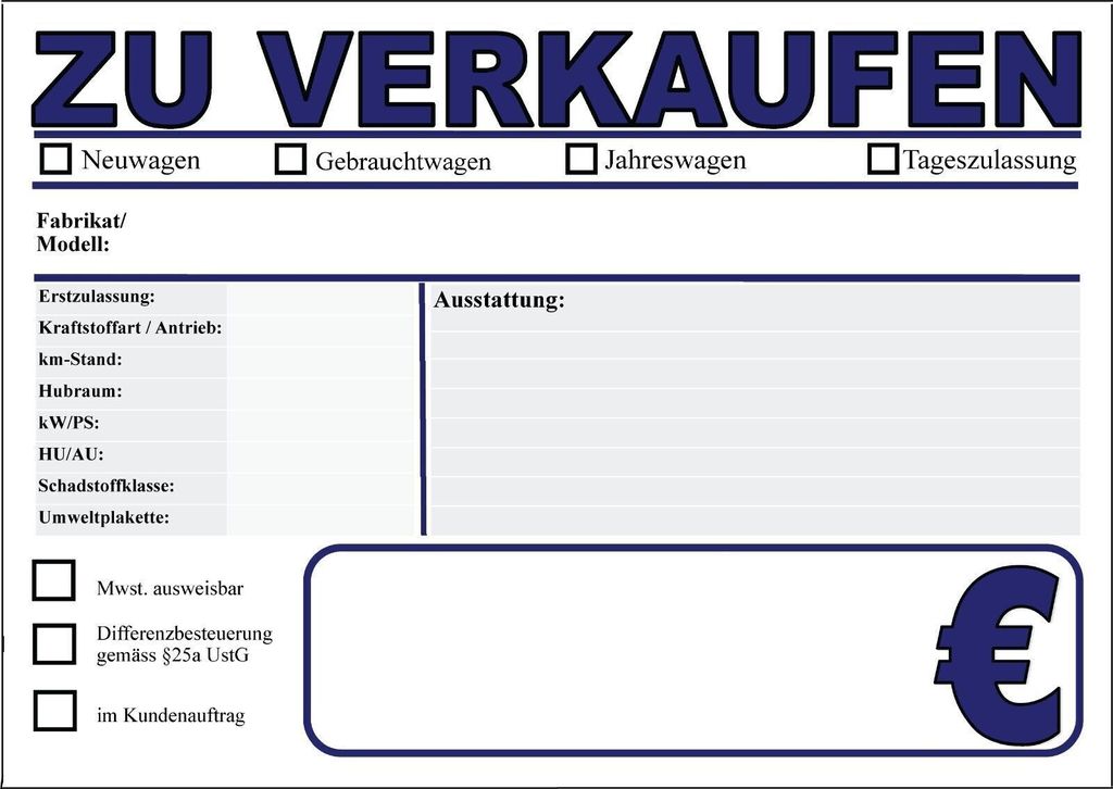 100 KFZ Verkaufsschilder DIN A3 PKW Auto Verkaufsschilder Produktbild 