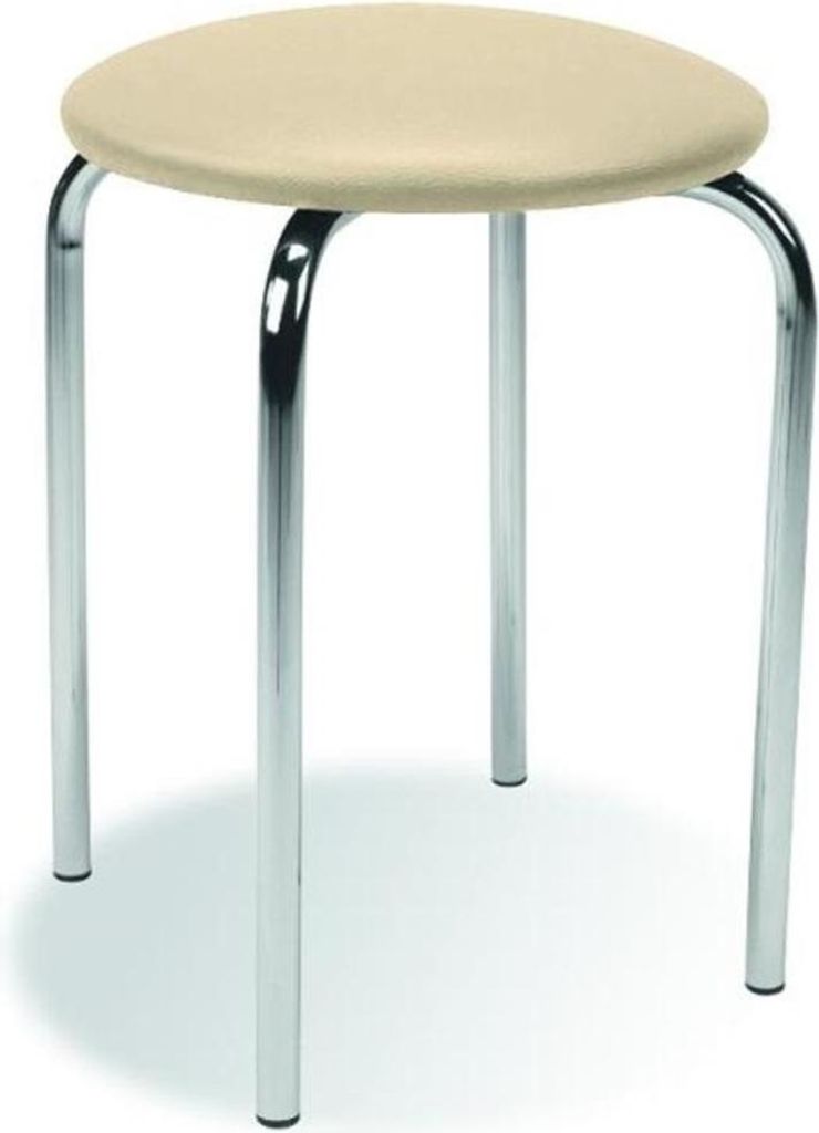 A simple stool with a cream-colored seat and four silver legs, presented on a white background.