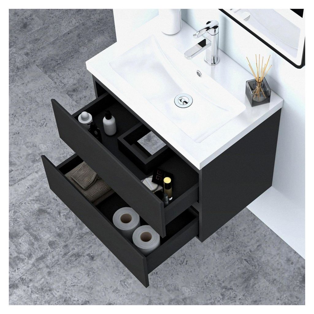 Badezimmermöbel 60 cm Mineralguss Waschtisch mit Unterschrank Badmöbel Set mit 2 Soft-Close Schubladen in Dunkelgrau Matt