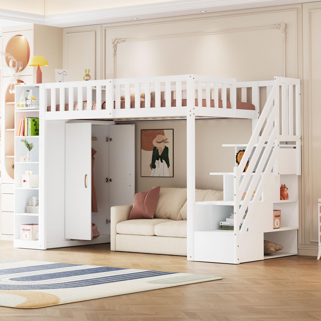 Flieks Etagenbett 90x200cm mit Kleiderschrank und Regal, Hochbett mit Treppe und Schubladen, Kinderbett mit Rausfallschutz & Lattenrost, Weiß