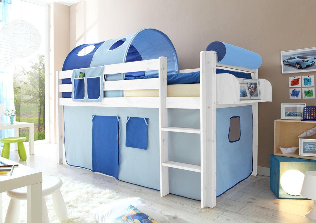 Hochbett Spielbett Malte Kiefer massiv Weiss, Vorhangstoff:Hellblau Dunkelblau