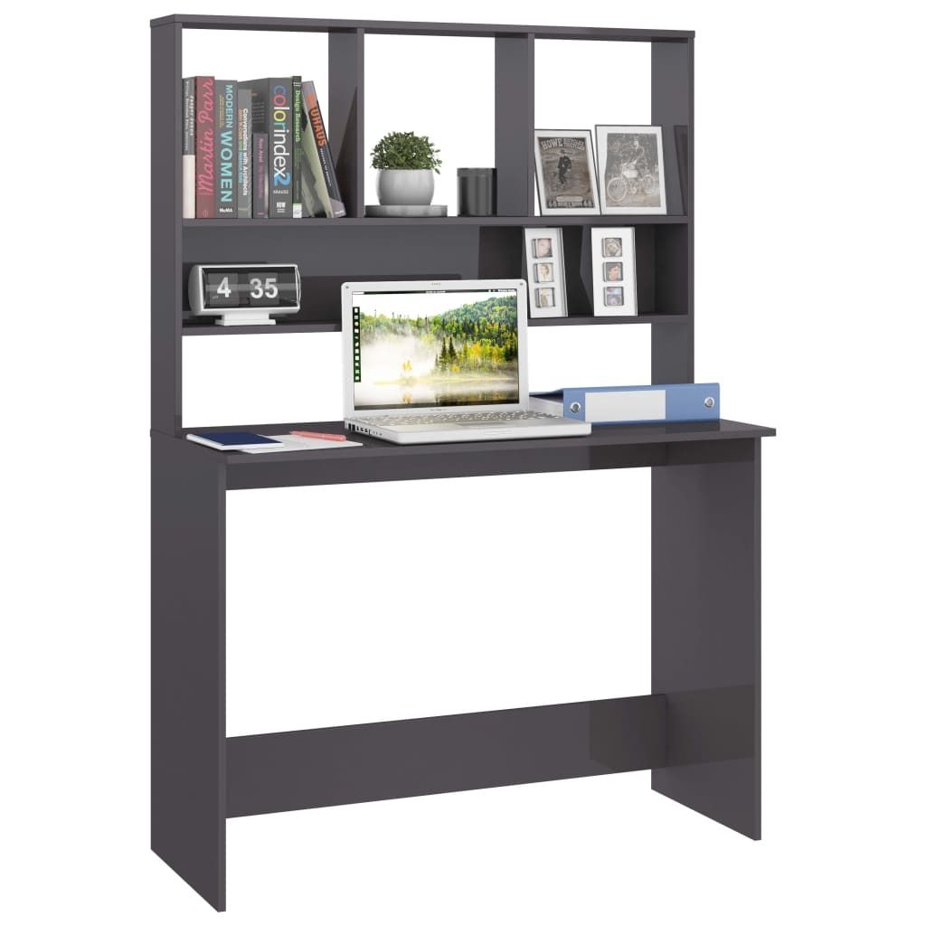 "2026 Aktion"Schreibtisch/Büro-Möbel - CLORIS - Computertisch moderner - mit Regalen Hochglanz-Grau 110x45x157 cm - NeuMöbel7131243