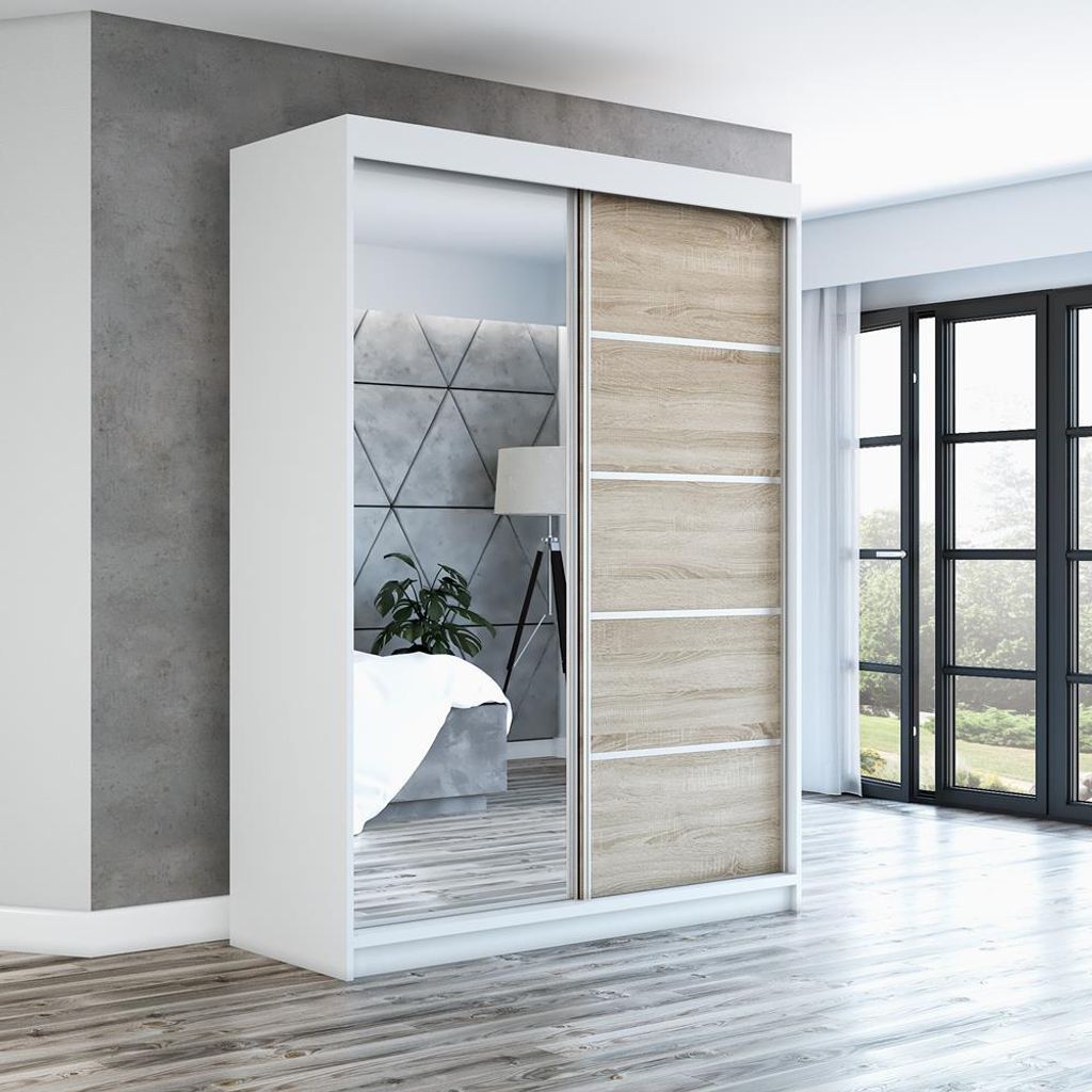 Schwebetürenschrank GAP 160 cm 2-türig Schrank mit Spiegel. Farbe: Weiß / sonoma