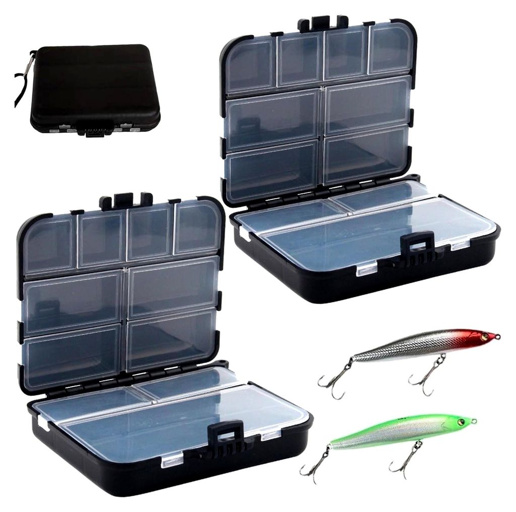Doppelschichtige Angelbox mit 12 Fächern, Aufbewahrungsbox mit Griff und verstellbaren Trennwänden, Organizer für Köder, 2 Stück