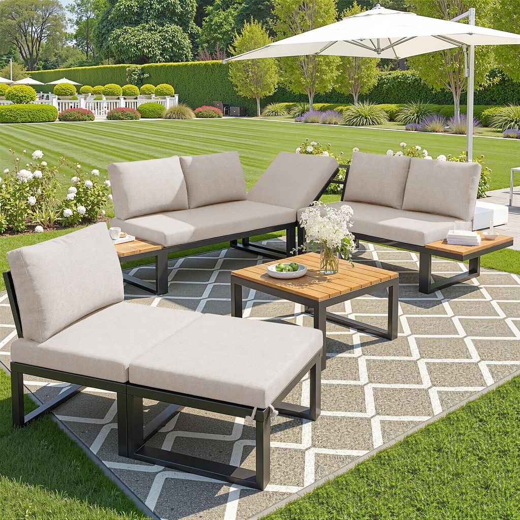 MODFU Outdoor-Sofa-Set Ecksofa mit Couchtisch und Hockern Garten-Liegestuhl-Set Gartensofa mit verstellbarer Rückenlehne für 6–7 Personen Beige