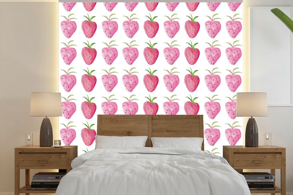 MuchoWow Fototapete für Wohnzimmer oder Schlafzimmer Wandtapete Vinyl Motivtapete Erdbeere - Schablonen - Aquarell - 350x350 cm - Schlafzimmerta...