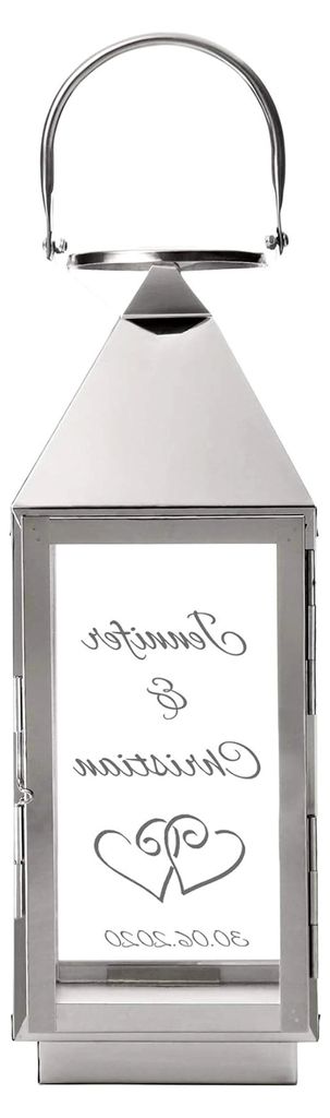 Edelstahl-Laterne mit Gravur zur Hochzeit, personalisiert mit Namen und Datum, Herz-Motiv, Geschenkidee für Paare