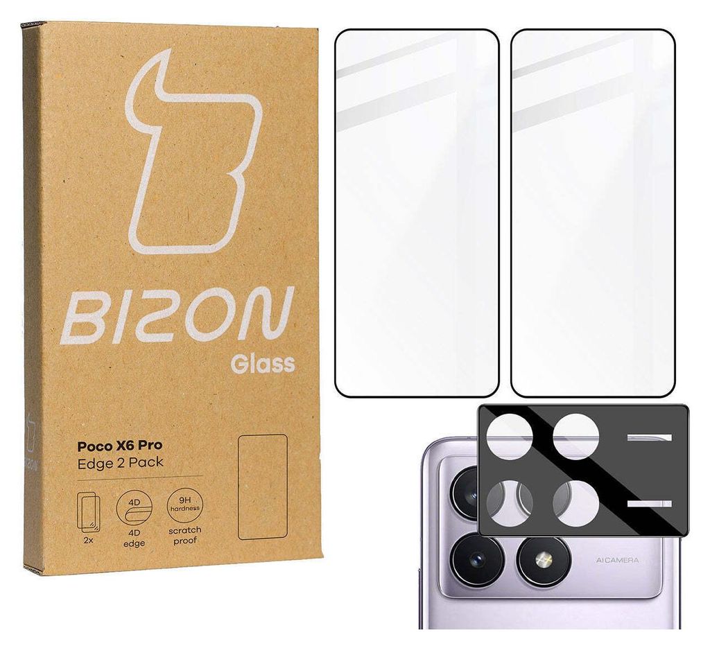 A product box and screen protectors for a Xiaomi Poco X6 Pro phone.