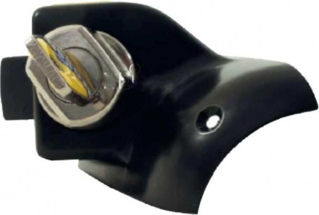 A black security lock with a silver and yellow key mechanism is shown against a white background.