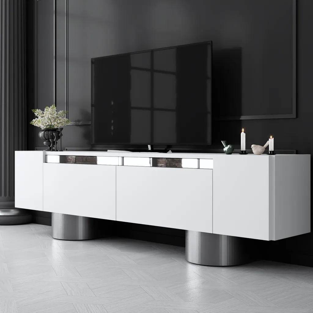 Meuble TV Skye Decor Bohem Blanc et Argent - Design 180 x 50 x 30 cm