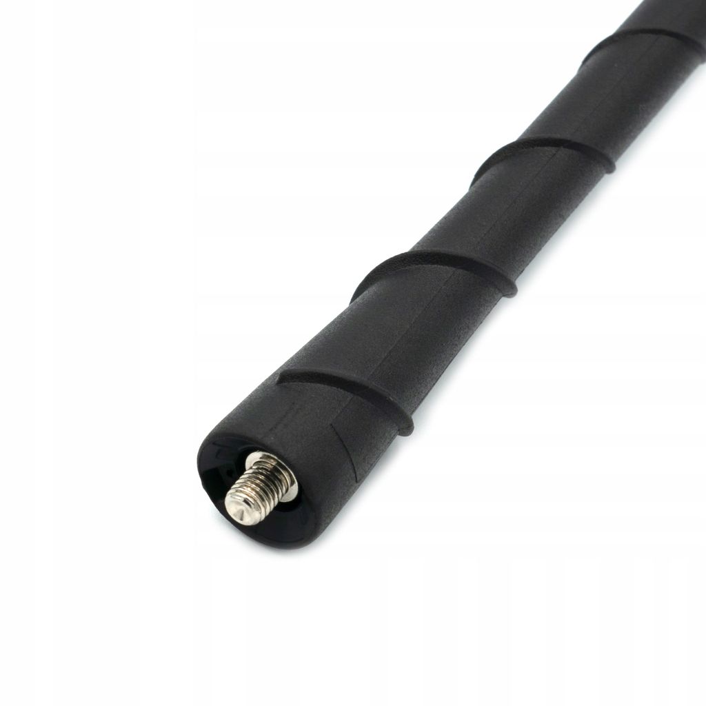 A close-up shot of a black car antenna with a silver screw thread.