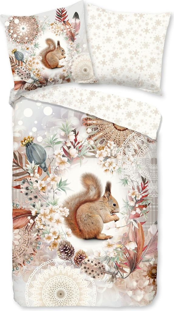 JACK Flanell Wende Bettwäsche 2 tlg. 135x200cm Eichhörnchen Kosmos Herbst Winter Schneeflocken