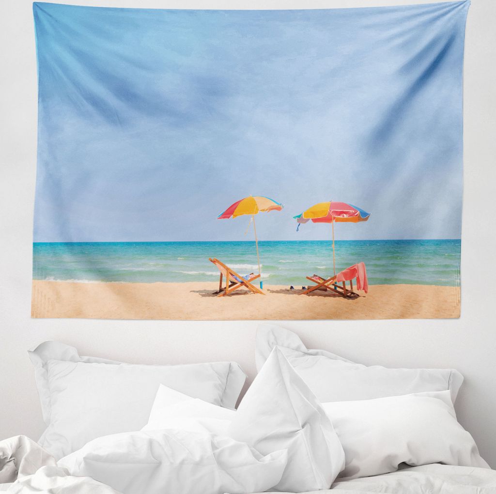 ABAKUHAUS Strand Wandteppich, Stuhl Regenschirm Relaxing aus Weiches Mikrofaser Stoff Waschbar ohne Verblassen Digitaldruck, 150 x 110 cm, Türkis ...