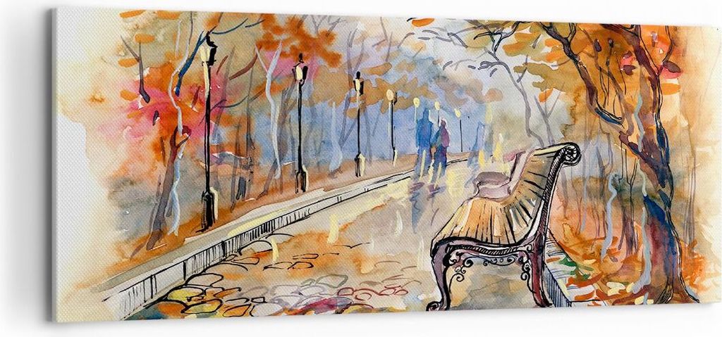 Bild auf Leinwand - Leinwandbild - Path Bench Herbst Frau - 100x40cm - Wand Bild - Wanddeko - Leinwanddruck - Bilder - Kunstdruck - Wanddekoration ...