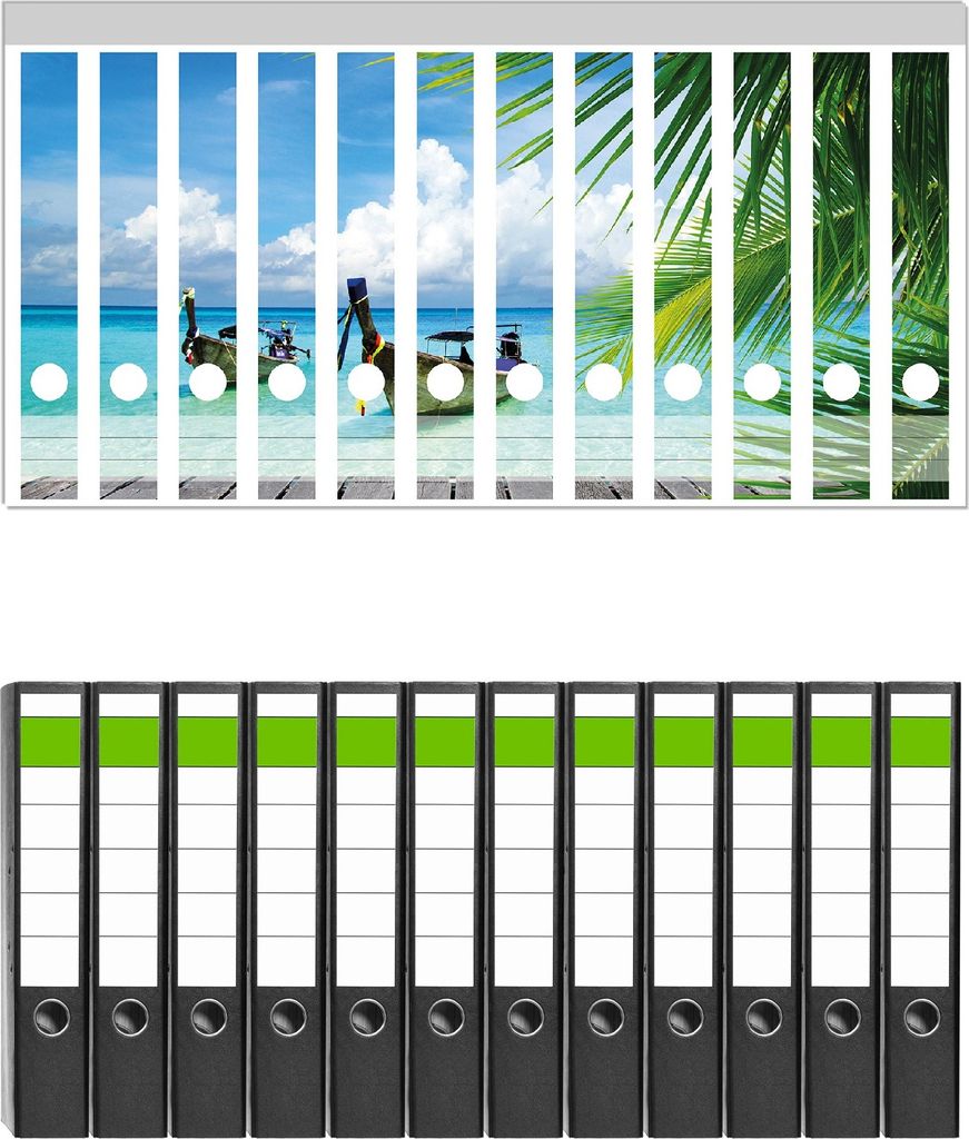 Wallario 12 Stück schmale Ordner inkl. Klebeetiketten mit Motive Sonnenboot in der Karibik - Set mit Rückenschildern / Ordnerrücken Stickern