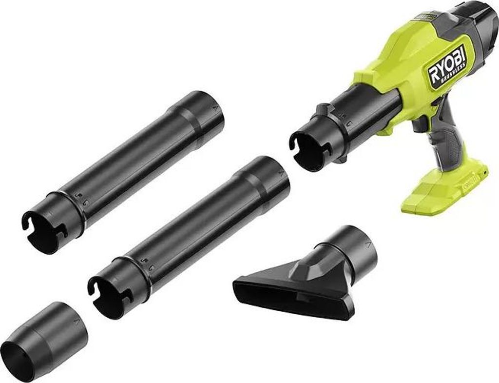 A cordless leaf blower with various attachments on a white background.