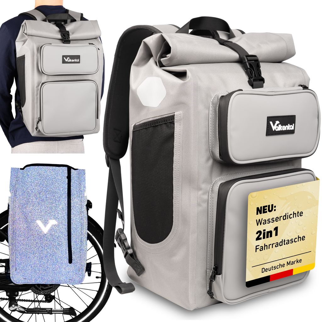 A collage of images showing a grey backpack, a person wearing the backpack, and the backpack attached to a bicycle.