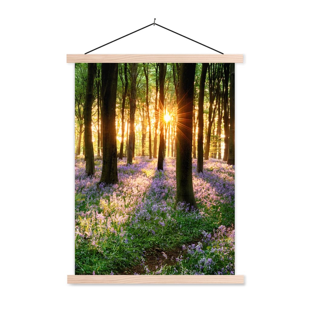 MuchoWow Textilposter Wald - Blumen - Lavendel - Sonne - Lila - Natur 60x80 cm mit holzfarbenen Rahmen - Wandbild