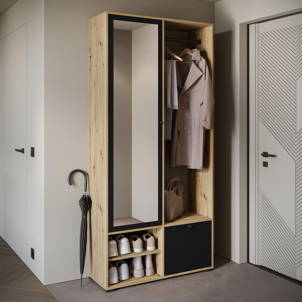 MINIO go for it, Garderobenset "DAFNI", Garderobe, 90 cm, mit Spiegel, Artisan Eiche / Schwarz Farbe