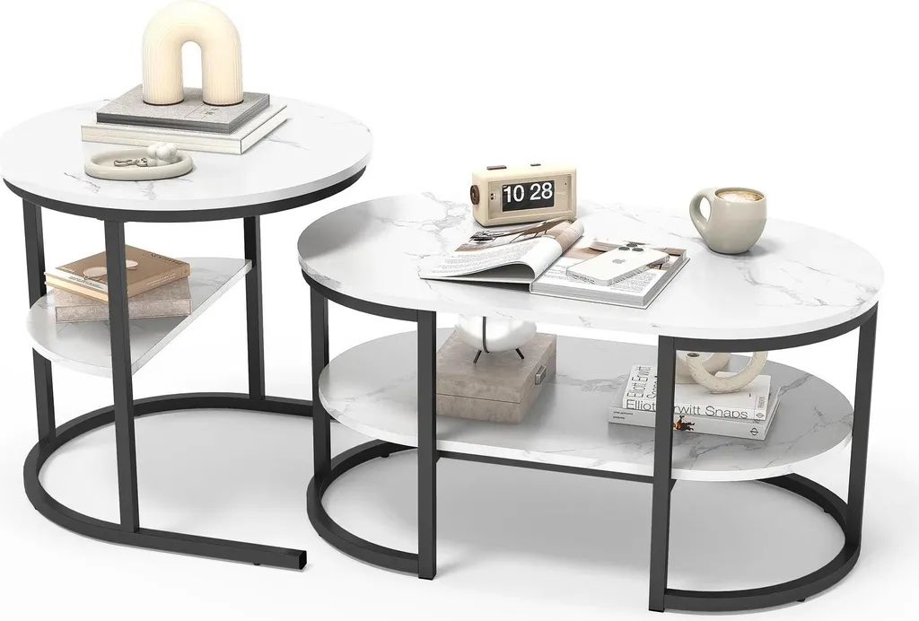 Table Basse Gigogne Effet Marbre Noir - Set de 2 Tables de Salon Ovales