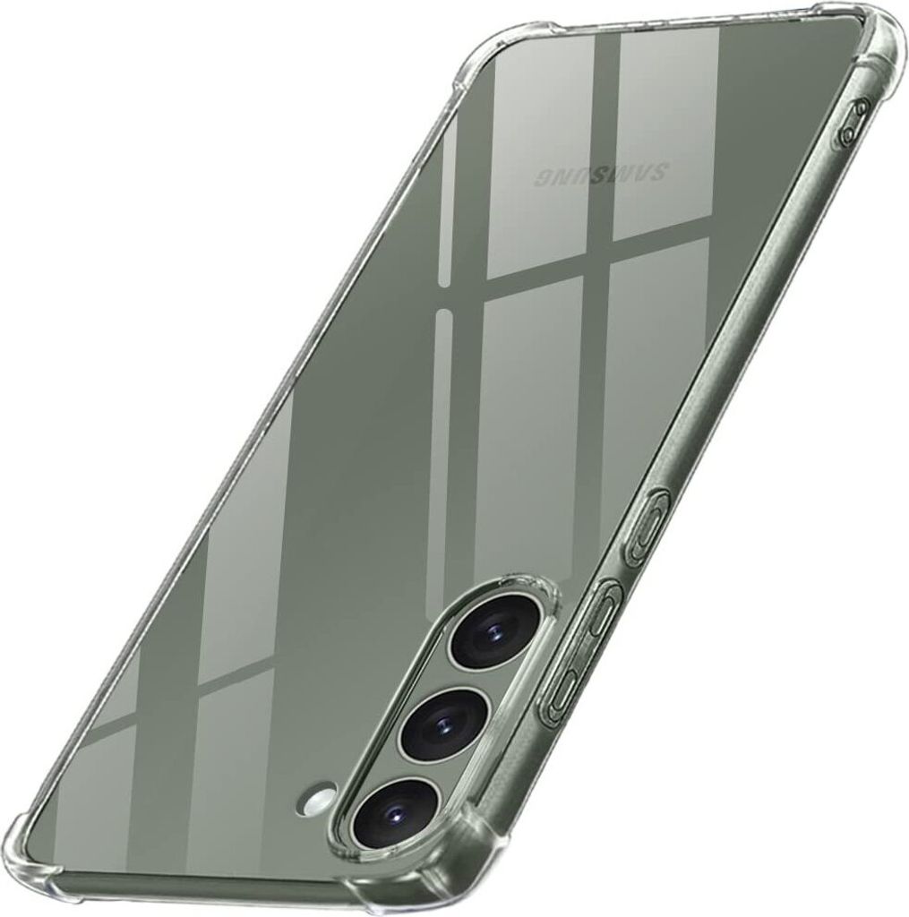 A clear phone case is shown from a diagonal angle.