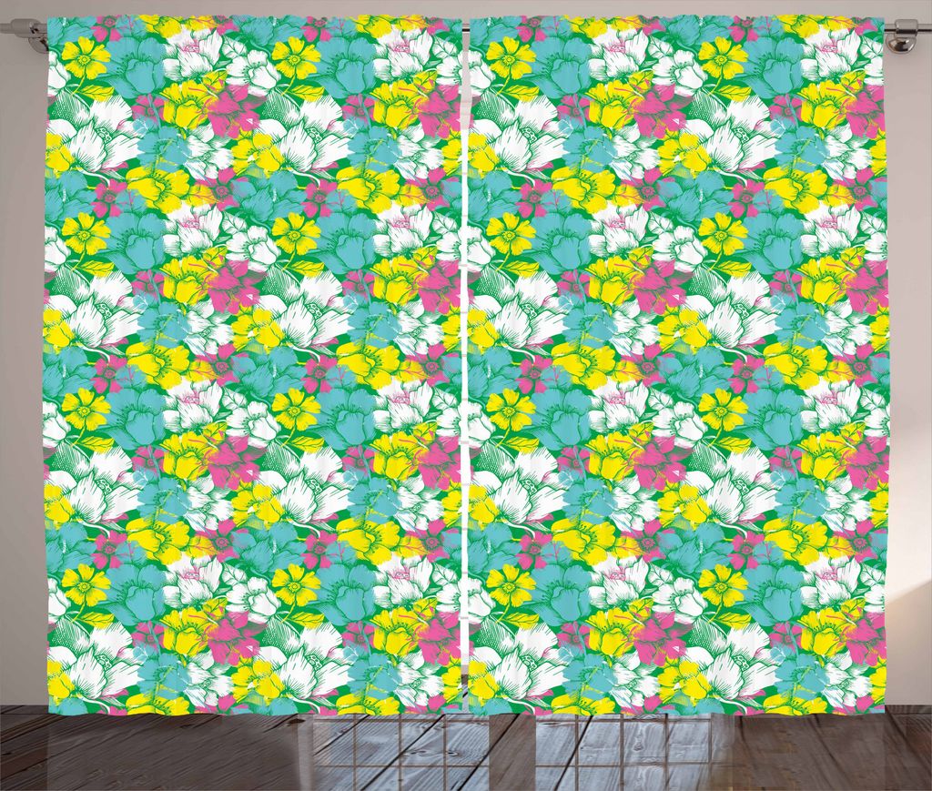 ABAKUHAUS Botanisch Rustikaler Gardine, Grunge Sommerblumen, Schlafzimmer Kräuselband Vorhang mit Schlaufen und Haken, 280 x 175 cm, Mehrfarbig