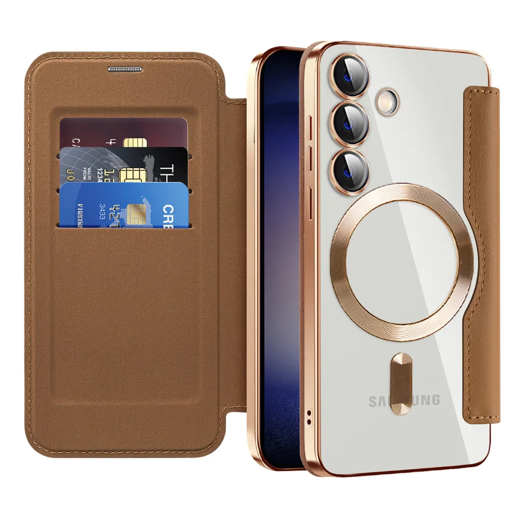 Custodia per Samsung Galaxy S25 compatibile con MagSafe, custodia trasparente con portacarte, custodia in pelle con protezione per la fotocamera Marrone