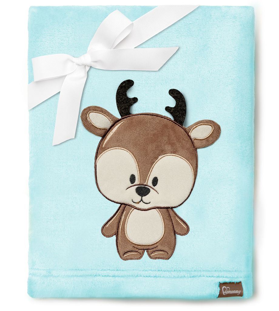 Be Mammy Kuschlige Babydecke Kuschel Decke Tagesdecke mit 3D Applikation 76 x 102 cm BE20-168 (Puderblau - Hirsch, 76 x 102 cm)