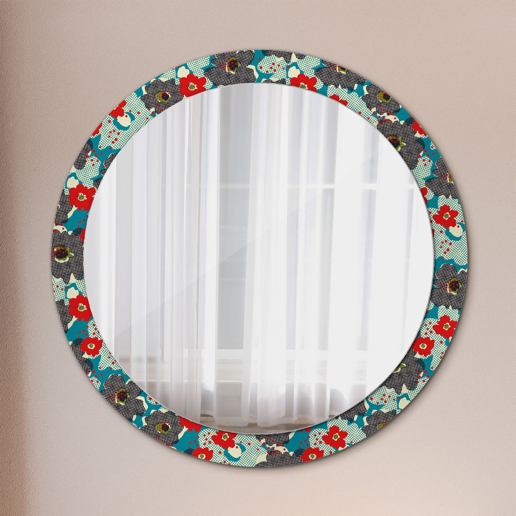 Runder Spiegel mit Modernem Aufdruck - Dekospiegel Wandmontage -retro blumen muster- Ø90cm