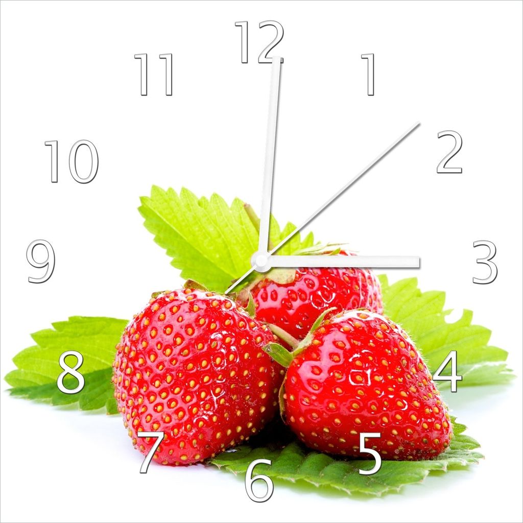 Wallario Design Wanduhr Frische rote Erdbeeren für die Küche aus Echtglas, Größe 30 x 30 cm