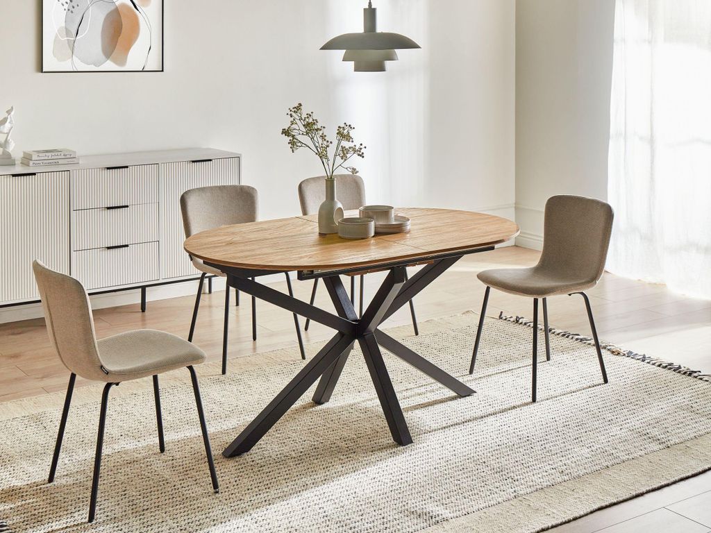 BELIANI Ausziehbarer Esstisch Braun MDF Holzoptik 140/180 x 90 cm Oval Metallbeine Schwarz X-Form Butterfly Auszug Ausziehtisch Esszimmer Küche