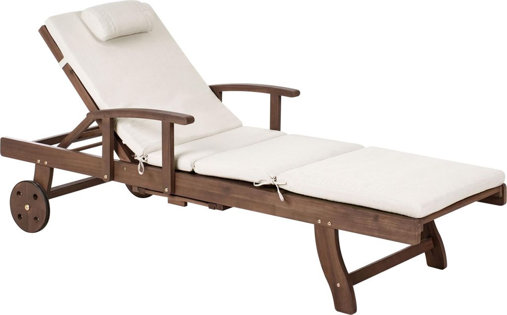 BELIANI Gartenliege Dunkelbraun u. Hellbeige Akazienholz Verstellbar Rollbar Sonnenliege mit Tisch und Auflage Terrasse Garten Balkon Modernes Design