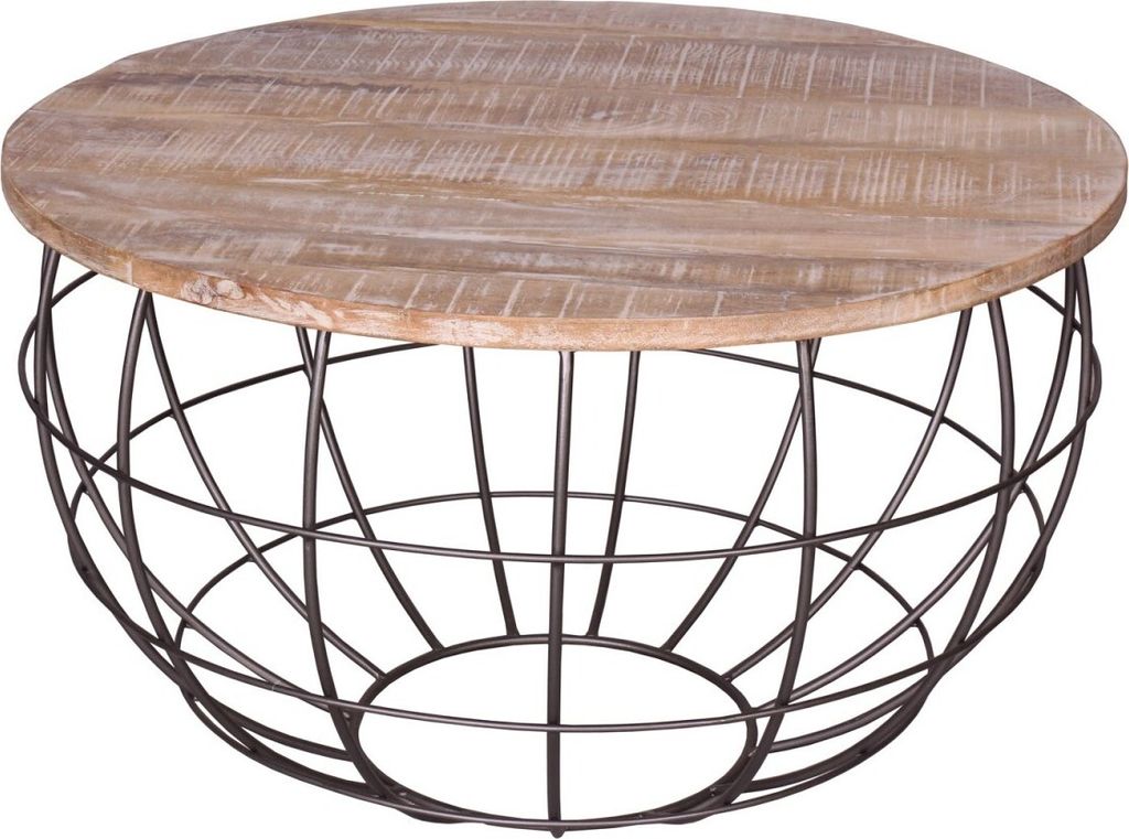 Soma Couchtisch rund ø 75 cm Wohnzimmer-Tisch Massivholz London Metall Gitter Drahtgestell (BxHxL) 75 x 45 x 75 weiß gekälkt