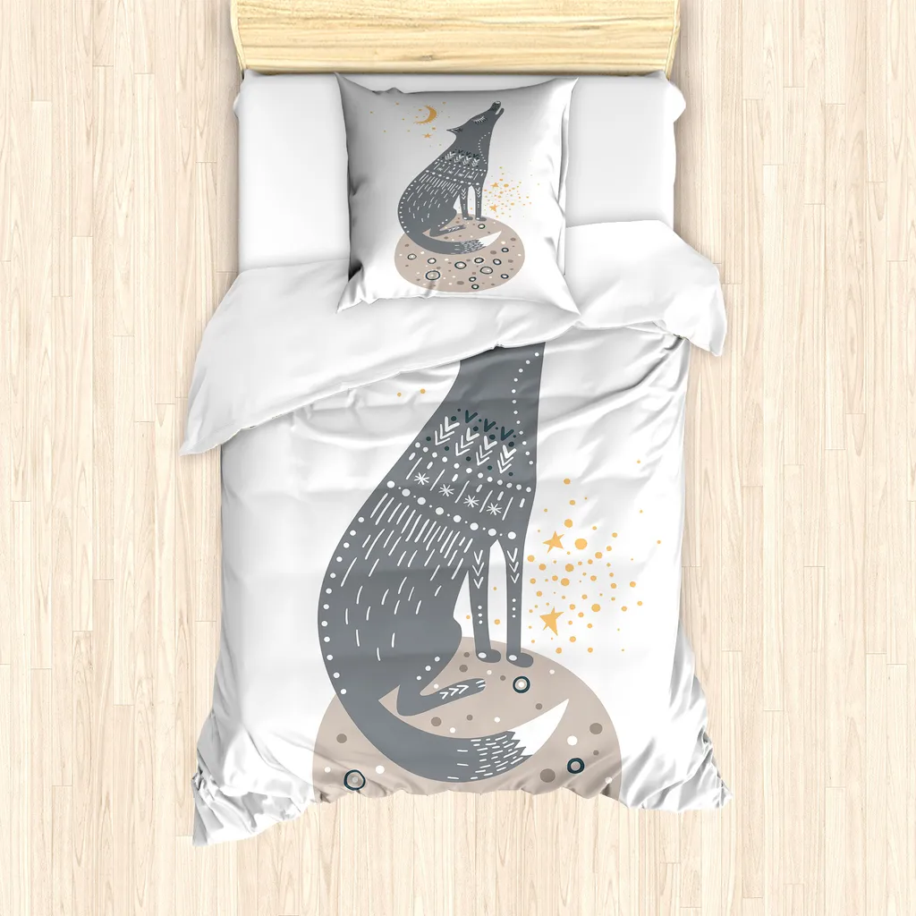 ABAKUHAUS Set copripiumino Magic Moon per letti singoli, Howling Wolf Planet, antiacaro, adatto a chi soffre di allergie, con federa, 135 cm x 200 cm - 80 x 80 cm, multicolore