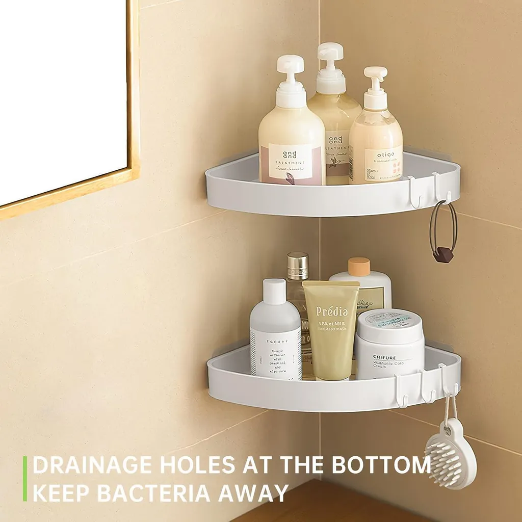 Double étagère de douche d'angle sans perçage avec 4 crochets blancs - 8