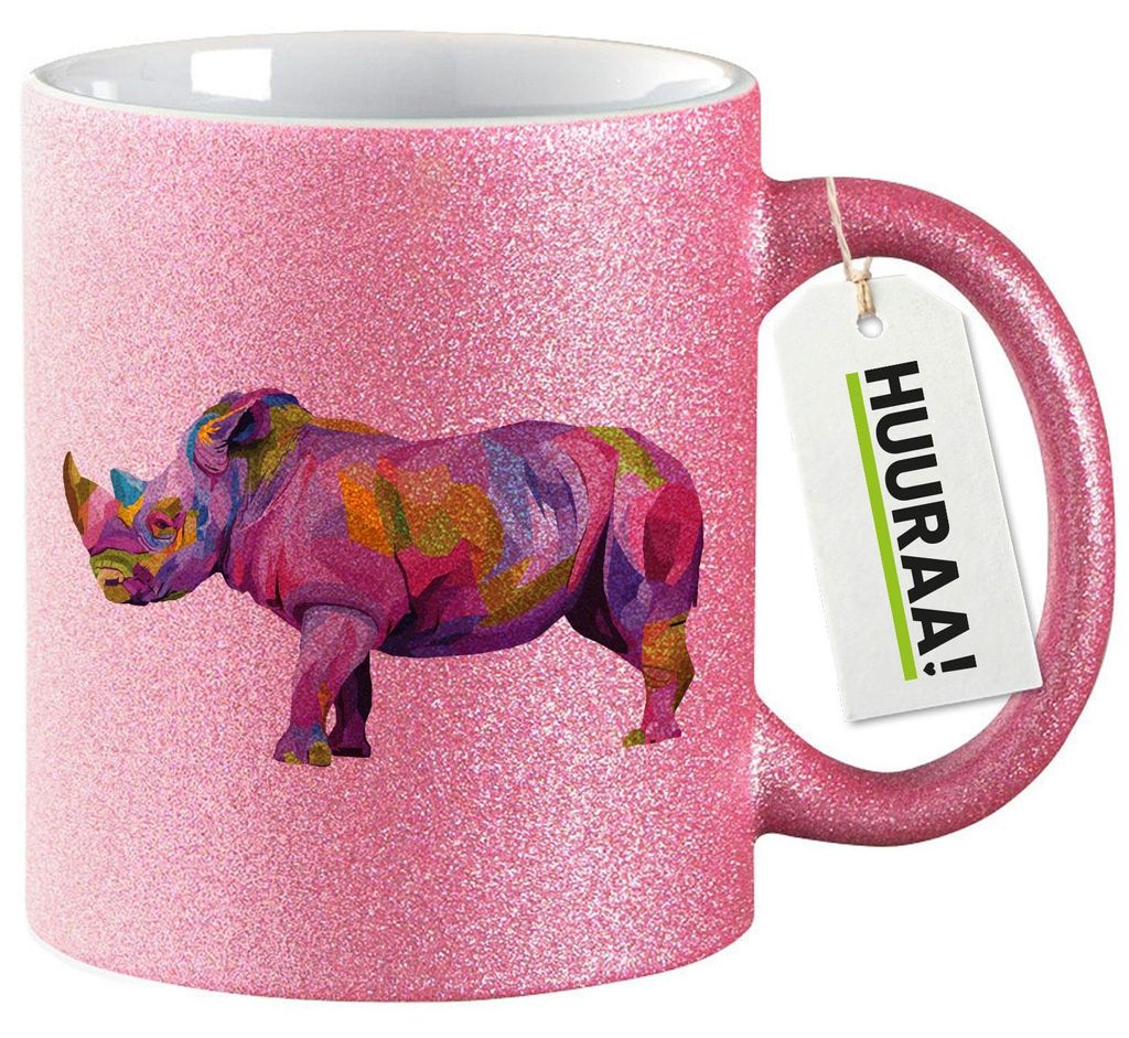 Huuraa Glitzertasse Nashorn Colorful 330ml Pink Keramik Kaffeebecher Geschenkidee