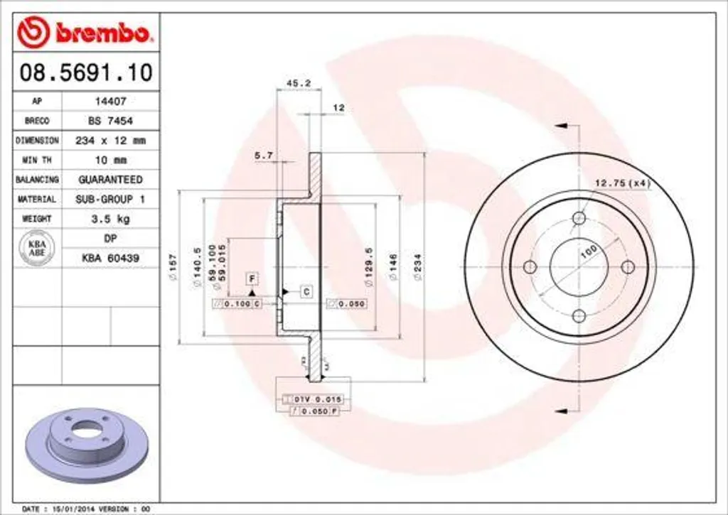Disque de frein haute durabilité BREMBO 08.5691.10 compatible Micra