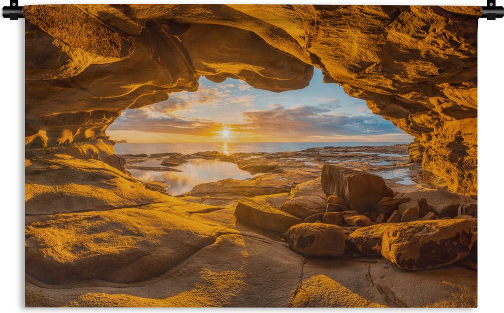 MuchoWow Wandteppich Wandbehang Höhle - Meer - Horizont - Sonnenuntergang 150x100 cm Tapisserie Dekoration Wandtuch - Waschbar - Tapisserien - W...